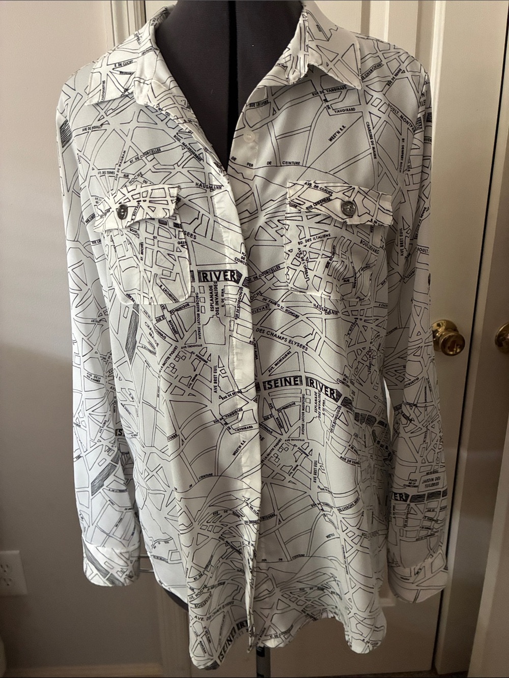 Karl Lagerfeld White Map-Print Button-Down Blouse